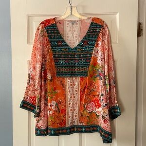 John Mark Embroidered Blouse Orange Patchwork Floral Size XL NWT Boho Peasant